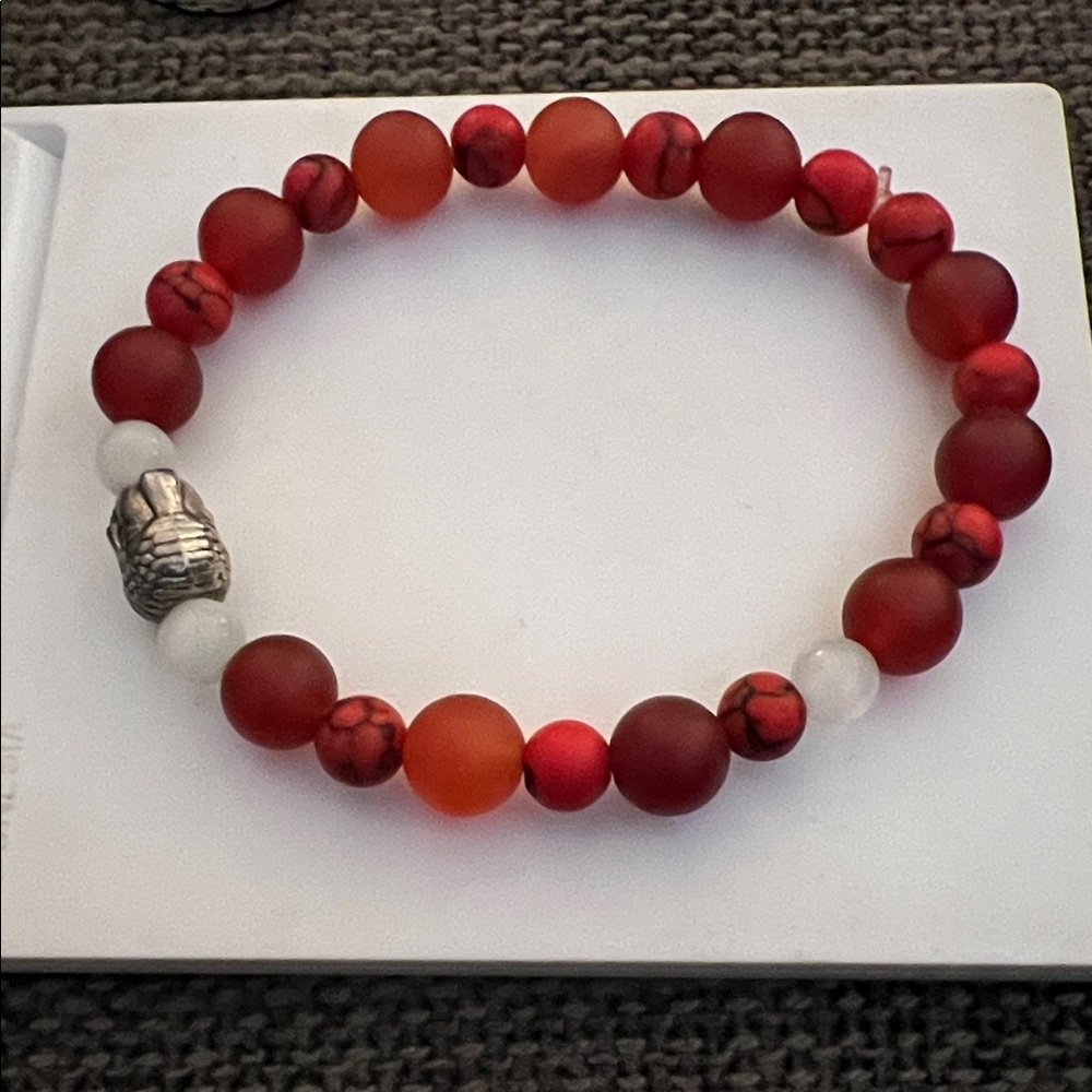 Red Jasper Beaded Bracelet with Silver Buddha Accent